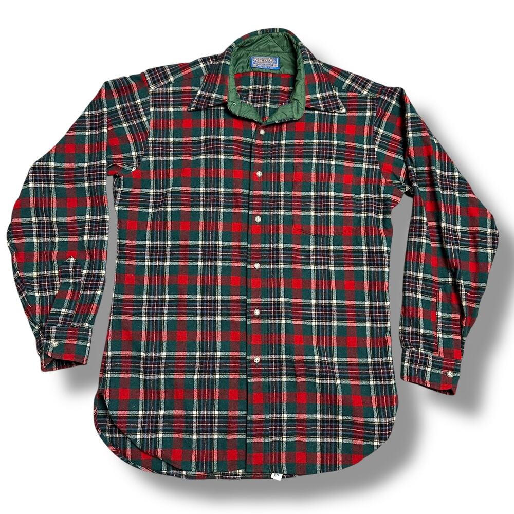 Vintage 60s Pendleton Red Green Plaid Wool Flannel Button Down Shirt Tartan Sz M